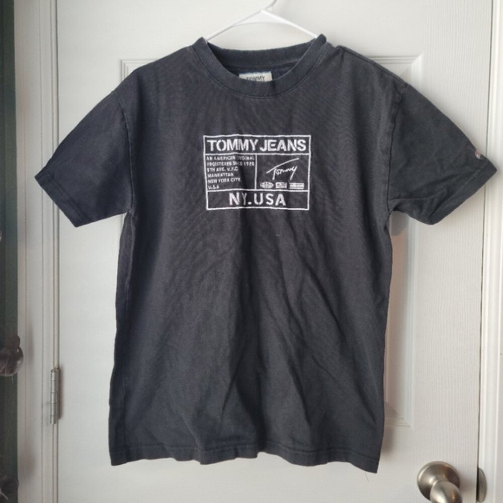 Tommy Hilfiger Jeans Black Shirt Embroidered Logo SZ S Heavy Cotton Modern Crew